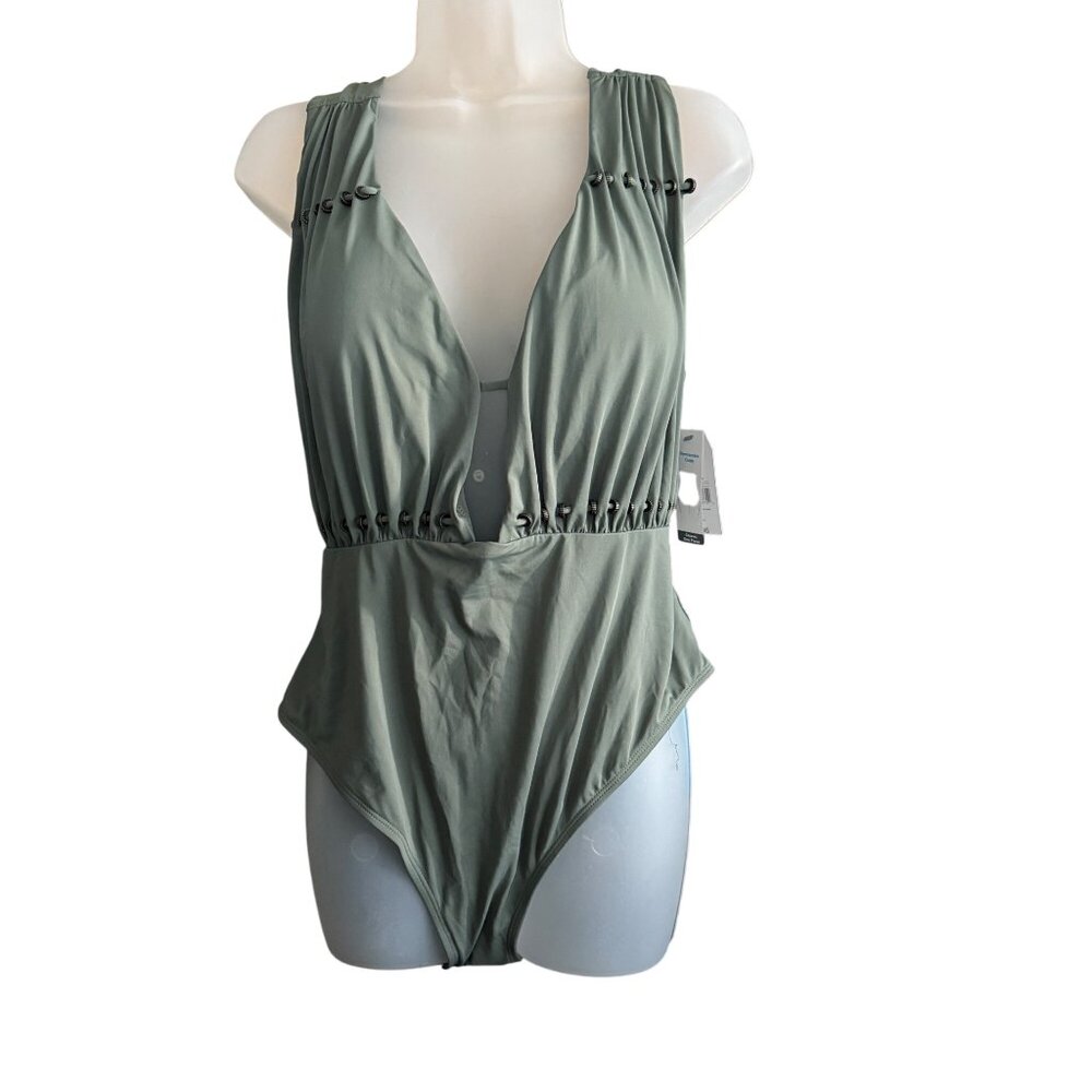 Time And Tru Womens Deep V-Neck Olive Green One-Piece Swimsuit XL NWT